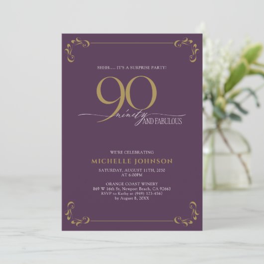 Invitation Surprise 90 & Fabuleux Anniversaire Purple & Or (Debout devant)