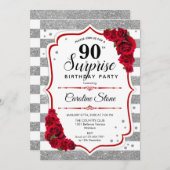 Invitation Surprise 90e anniversaire - Argent Blanc Rouge (Devant / Derrière)