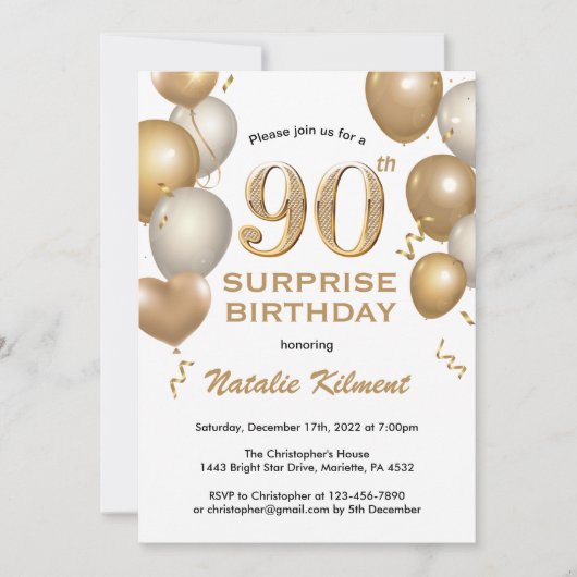 Invitation Surprise 90e anniversaire Ballons blanc et or (Devant)