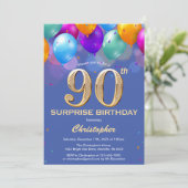 Invitation Surprise 90e anniversaire Ballons bleu et or (Debout devant)