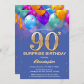 Invitation Surprise 90e anniversaire Ballons bleu et or (Devant / Derrière)