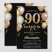 Invitation Surprise 90e anniversaire Ballons noir et or (Devant / Derrière)