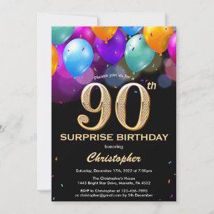 Invitation Surprise 90e anniversaire Ballons noir et or
