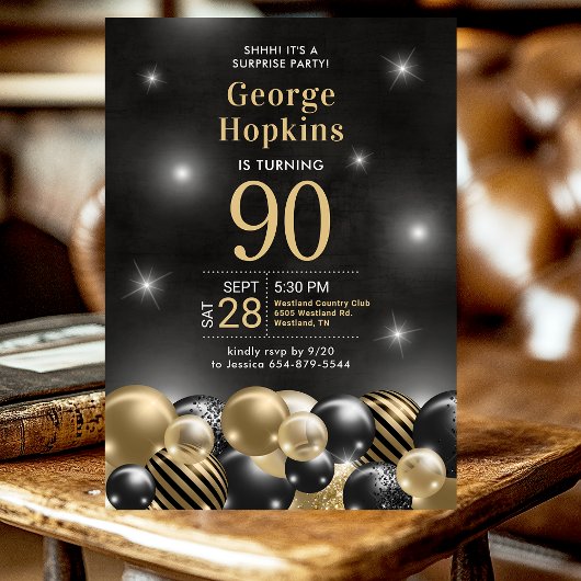 Invitation Surprise 90e anniversaire Black Gold Balloons Part
