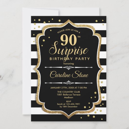 Invitation Surprise 90e anniversaire - Black White Gold (Devant)