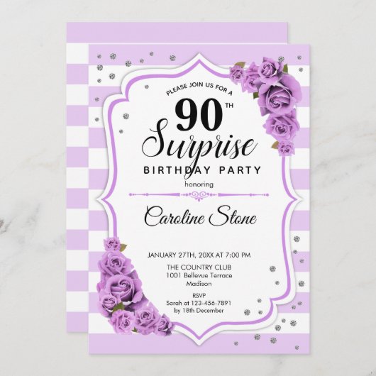 Invitation Surprise 90e anniversaire - Blanc pourpre (Devant / Derrière)