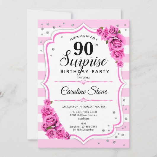 Invitation Surprise 90e anniversaire - Blanc rose (Devant)