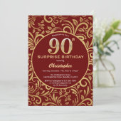 Invitation Surprise 90e anniversaire Bourgogne Rouge & Or Flo (Debout devant)