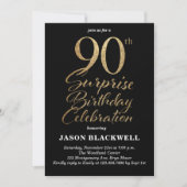 Invitation Surprise 90e anniversaire Célébration Black & Gold (Devant)