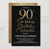 Invitation Surprise 90e anniversaire Célébration Black & Gold (Devant / Derrière)