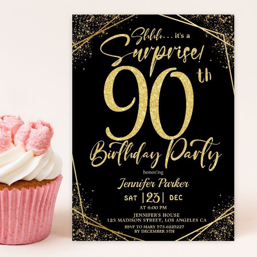 Invitation Surprise 90e anniversaire de fête Black & Gold Par