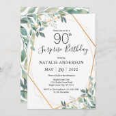 Invitation Surprise 90e anniversaire Eucalyptus Verdure & Or (Devant / Derrière)