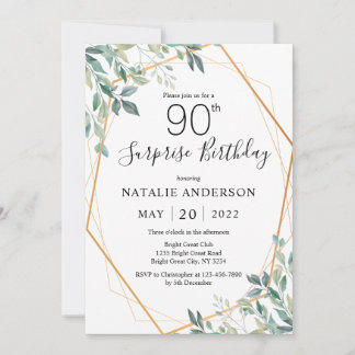 Invitation Surprise 90e anniversaire Eucalyptus Verdure & Or
