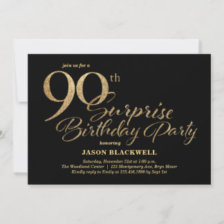 Invitation Surprise 90e anniversaire fête Noir & Or