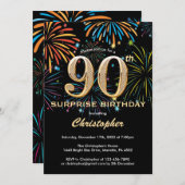 Invitation Surprise 90e Anniversaire Feu d'Artifice Noir Or A (Devant / Derrière)