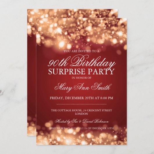 Invitation Surprise 90e anniversaire Gold & Red Sparkling lum (Devant / Derrière)