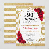 Invitation Surprise 90e anniversaire - Gold White Red (Devant / Derrière)