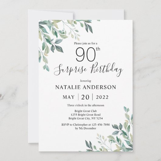 Invitation Surprise 90e anniversaire Green Eucalyptus (Devant)