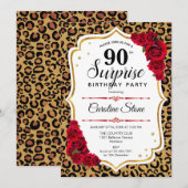 Invitation Surprise 90e anniversaire - Leopard Gold Blanc Rou (Devant / Derrière)