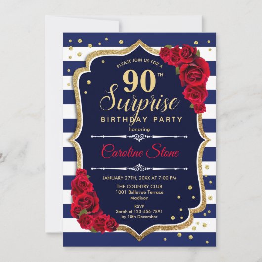 Invitation Surprise 90e anniversaire - Marine Blanc Rouge (Devant)