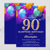 Invitation Surprise 90e anniversaire Marine Bleu et Ballons d (Devant / Derrière)