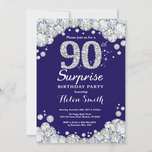 Invitation Surprise 90e anniversaire Marine Blue Silver Diamo (Devant)
