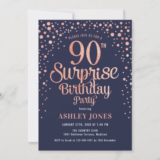 Invitation Surprise 90e anniversaire - Marine & Rose Gold (Devant)