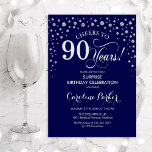 Invitation Surprise 90e anniversaire - Marine Silver<br><div class="desc">Invitation surprise 90e anniversaire de fête. Design élégant en bleu marine et faux parties scintillant argent. Fonctionne la police de script et les confettis de diamants. Bonjour à 90 ans ! Message-moi si vous avez besoin d'une personnalisation plus poussée.</div>