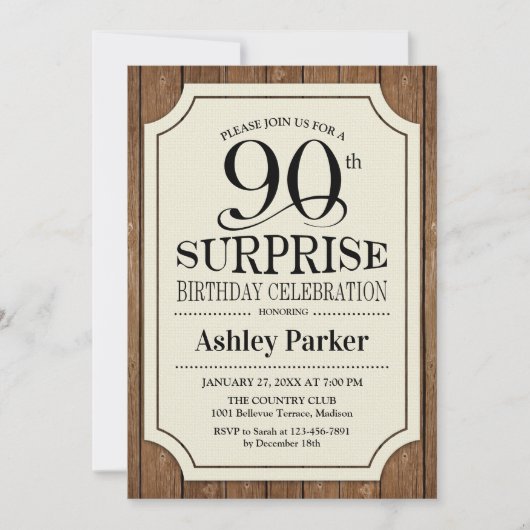 Invitation Surprise 90e anniversaire Motif de bois (Devant)