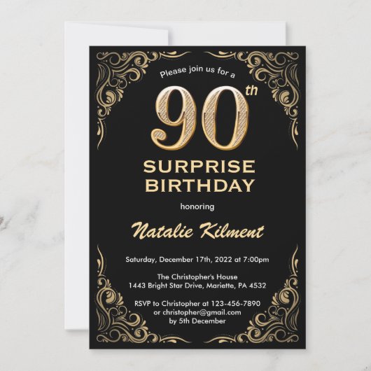 Invitation Surprise 90e anniversaire Parties scintillant noir (Devant)