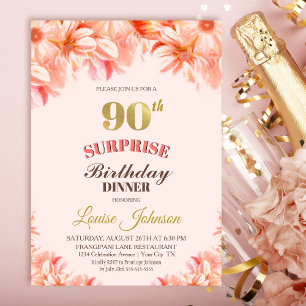 Invitation Surprise 90e anniversaire Pink Gold Floral Dîner