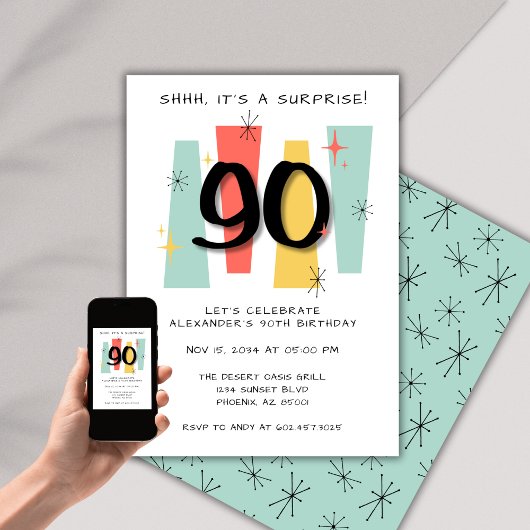 Invitation Surprise 90e anniversaire Retro Midsiècle moderne