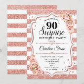 Invitation Surprise 90e anniversaire - Rose Gold White Rose (Devant / Derrière)