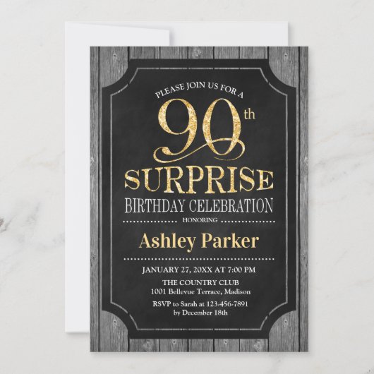 Invitation Surprise 90e fête d'anniversaire - Chalkboard Gold (Devant)