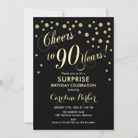 Invitation Surprise 90e fête d'anniversaire - Gold Black (Devant)