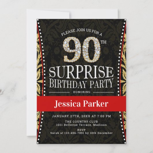 Invitation Surprise 90e fête d'anniversaire - Gold Black Red (Devant)