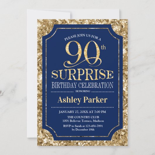 Invitation Surprise 90e fête d'anniversaire - Gold Navy (Devant)