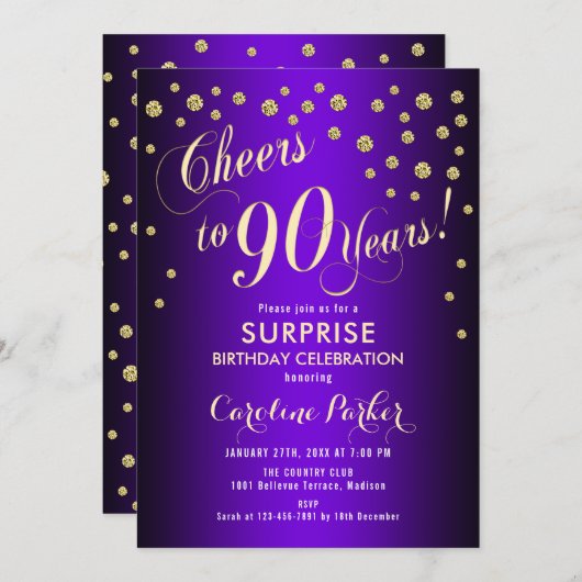 Invitation Surprise 90e fête d'anniversaire - Gold Purple (Devant / Derrière)