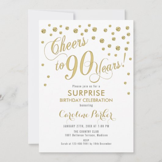 Invitation Surprise 90e fête d'anniversaire - Gold White (Devant)