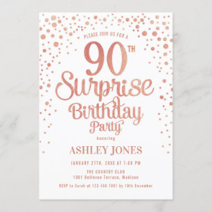 Invitation Surprise 90e fête d'anniversaire - Rose Gold & Whi