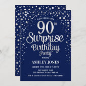 Invitation Surprise 90e fête d'anniversaire - Silver & Navy B (Devant / Derrière)