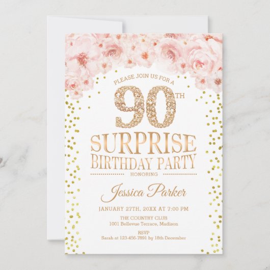 Invitation Surprise 90e fête d'anniversaire - White Gold Pink (Devant)
