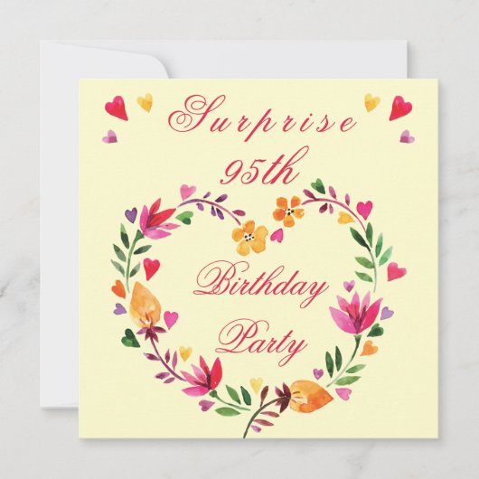 Invitation Surprise 95e anniversaire aquarelle Coeur floral (Devant)