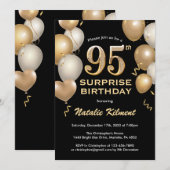 Invitation Surprise 95e anniversaire Ballons Noir et Or (Devant / Derrière)