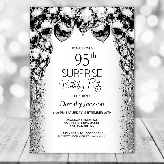 Invitation Surprise 95e anniversaire Black White Balloons Par