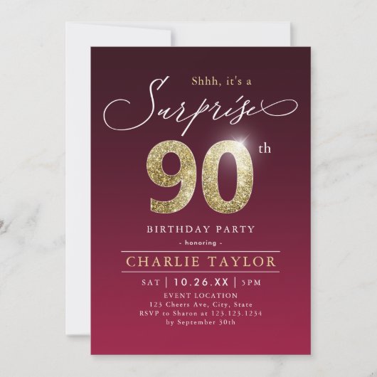 Invitation Surprise adulte en or bordeaux moderne 90e anniver (Devant)