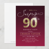 Invitation Surprise adulte en or bordeaux moderne 90e anniver (Devant / Derrière)
