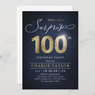 Invitation Surprise adulte moderne bleu et or 100e anniversai
