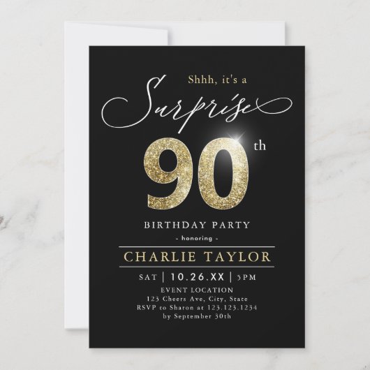 Invitation Surprise adulte moderne noir et or 90e anniversair (Devant)