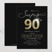 Invitation Surprise adulte moderne noir et or 90e anniversair (Devant / Derrière)